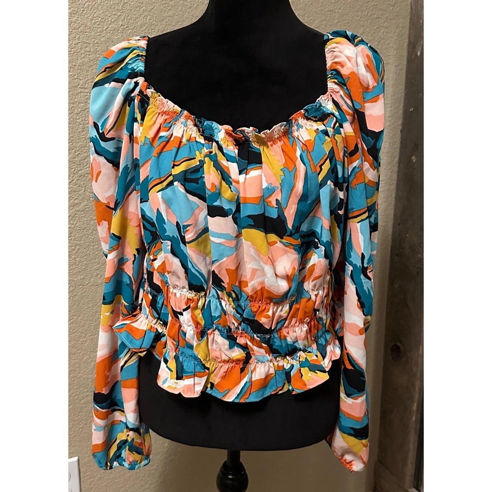 Bar III Womens Abstract Print Blouse Smocked Waist  XL Multicolor Festival